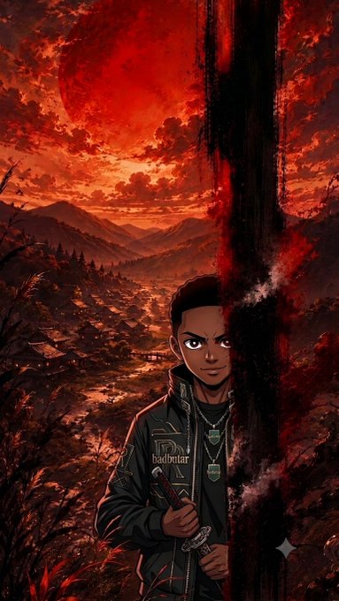 An anime-style illustration of a young man with a beaded necklace and green jacket holding a sword, set against a dramatic red sky with a blood-red moon, mountains, and a valley below.