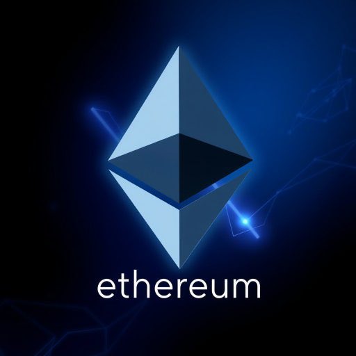 The image features a logo for Bitcoin that includes a blue triangle with a white border, which is the Bitcoin symbol. The background of the image is black, and there are lines of blue lights scattered throughout the scene. The text "Ethereum" is written in white at the bottom center of the image.