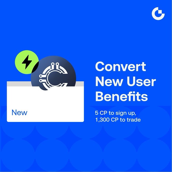 A promotional graphic on a blue background features a dark sphere with circuit-like patterns alongside a green lightning bolt icon and a "New" card, advertising "Convert New User Benefits" offering 5 CP for signing up and 1,300 CP for trading, directly illustrating the post's signup perk and trade rewards.