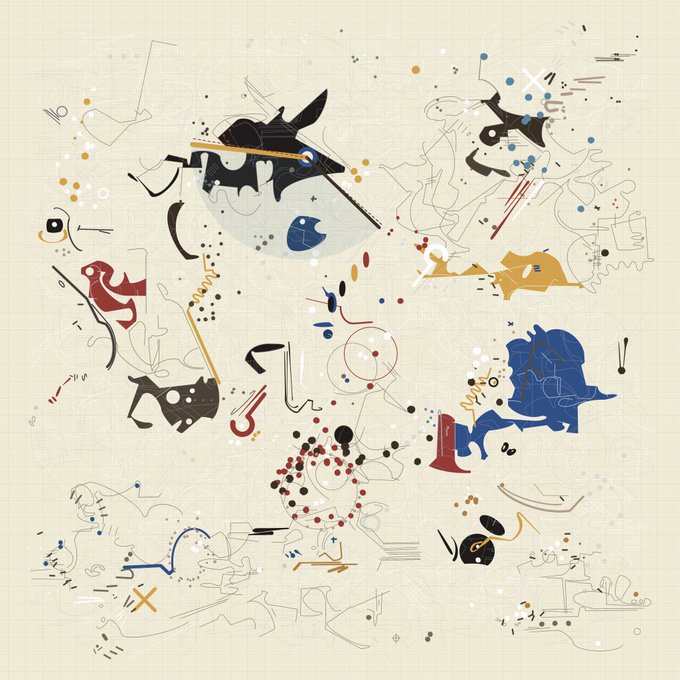 An abstract artwork on a cream background featuring scattered, colorful shapes, doodles, dots, and squiggles in blue, red, black, and yellow, reminiscent of a Joan Miró style composition.
