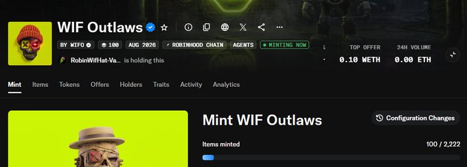 A screenshot of an NFT minting page for 'WIF Outlaws by MIFO' on the Robinhood Chain, showing 100/2,222 items minted with a top offer of 0.10 ETH and a yellow background image of a character in a hat.