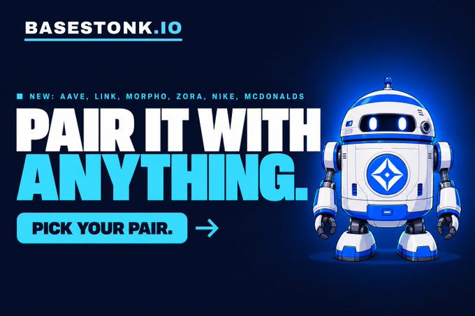 The image is a promotional banner for "BASESTONK.IO" featuring a blue and white robot character alongside the tagline "PAIR IT WITH ANYTHING" and highlights new pairings including AAVE, LINK, MORPHO, ZORA, NIKE, and MCDONALDS, with a "PICK YOUR PAIR" call-to-action button—visually reinforcing the post's message about Base now hosting the most RWA pairs with 47 crypto and 66 stock trading options for the $BSTONK token.