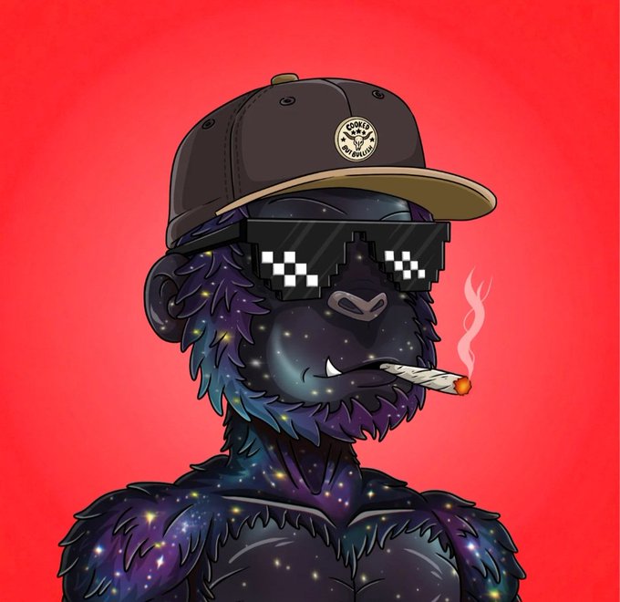A cartoon illustration of a galaxy-textured gorilla wearing pixelated sunglasses and a cap, smoking a joint, set against a red background.
