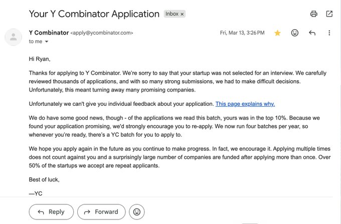 The image shows an email from YC, which has been sent to a person named Ryan. The email contains information about a job application process for a company called YCombinator Application. It explains that they have accepted Ryan's application but he is not yet selected as one of their candidates. The email also mentions that the company was impressed with Ryan's resume and would like to offer him an interview, which has been scheduled for Friday, March 13th at 3:00 PM.