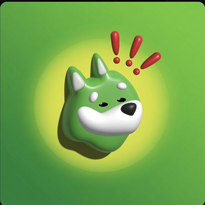 A cute 3D illustration of a green and white dog (Shiba Inu) head with red exclamation marks above it on a bright green background.