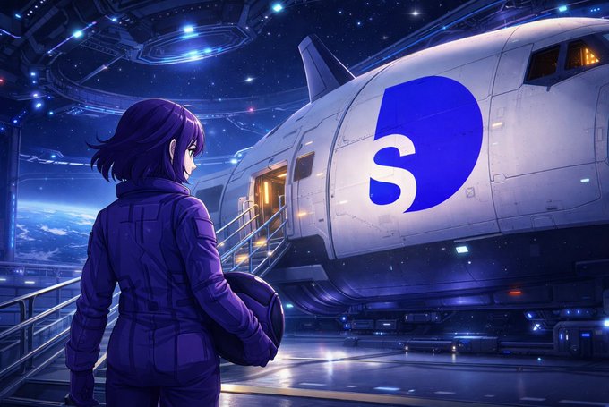 The image features an anime character wearing a purple jacket standing next to a large airplane with the letter "S" on its side. The character appears to be holding a helmet, possibly indicating that they are a pilot or astronaut. The scene takes place in front of a spaceship hangar, suggesting that this might be a space-themed setting for the anime.