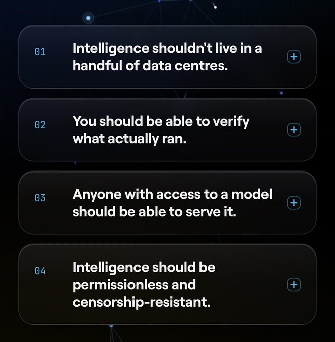 Four numbered principles (01-04) outline a vision for decentralized AI: "Intelligence shouldn't live in a handful of data centres," "You should be able to verify what actually ran," "Anyone with access to a model should be able to serve it," and "Intelligence should be permissionless and censorship-resistant." The list visually reinforces the post's critique that most AI is gated by corporate accounts and API keys, aligning with Warden Protocol's HALO whitepaper goal of building an open market beneath intelligence rather than just a token on top of it.