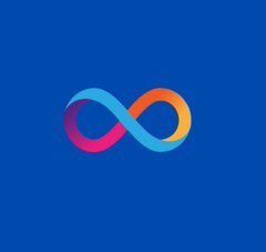 A simple logo on a dark blue background featuring a colorful gradient infinity symbol in pink, purple, and orange.