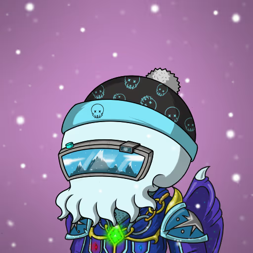 A cartoon-style illustration of a small white yeti-like character wearing a black beanie with skulls, blue ski goggles reflecting mountains, a teal scarf, and dark armor with a glowing green gem, set against a snowy purple background.