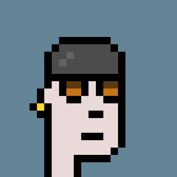A simple pixel art figure of a person with black hair and sunglasses, wearing a white shirt with black outlines against a solid grayish-blue background.
