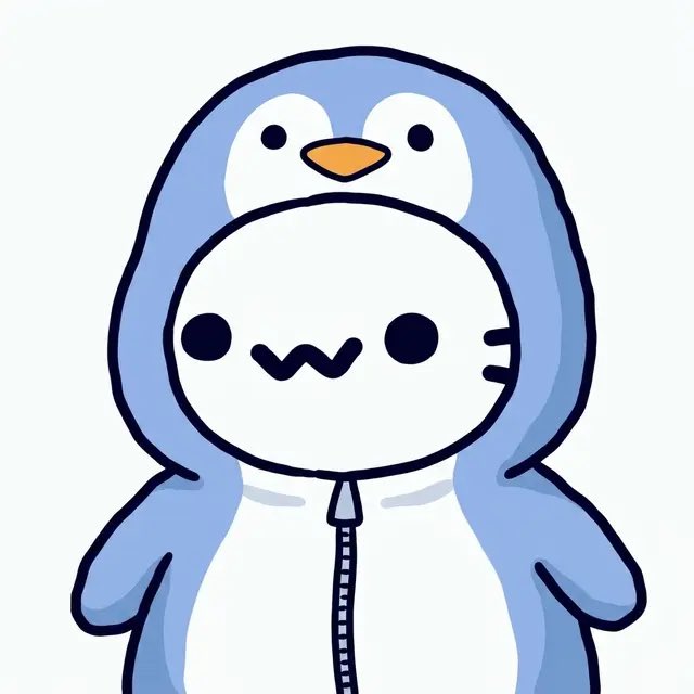 A cartoon illustration of a white cat-like character with a wavy mouth wearing a blue penguin hooded onesie with a zipper down the front.