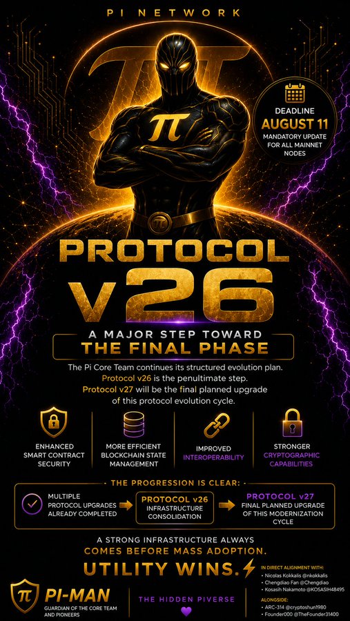 The image is a stylized infographic from Pi Network announcing "PROTOCOL v26," featuring a black and gold superhero-like figure labeled "PI-MAN, GUARDIAN OF THE CORE TEAM AND PIONEERS," with a deadline of August 11 for mandatory updates of all Mainnet nodes. It highlights key upgrades including Enhanced Smart Contract Security, More Efficient Blockchain State Management, Improved Interoperability, and Stronger Cryptographic Capabilities, framing it as the penultimate step before Protocol v27, aligning with the post's message about the critical infrastructure upgrade.