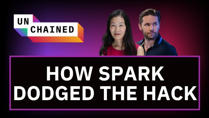 An Unchained podcast/video thumbnail featuring two hosts with the headline 'HOW SPARK DODGED THE HACK' against a purple background.