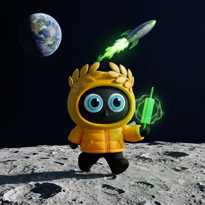A 3D-rendered character wearing a yellow puffer jacket with a laurel wreath helmet stands on the moon's surface holding a glowing green phone, with Earth visible in the background and a rocket labeled 'YOOKIE' launching nearby.
