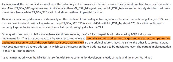A text excerpt about ECDSA signature migration, with a highlighted section about keeping the account address unchanged and using an account permission update transaction to switch to a post-quantum key, mentioning the Nile Testnet implementation.