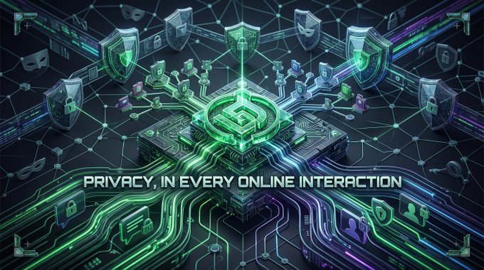 A digital graphic displaying a glowing green computer chip with shields and lock icons, overlaid with the text 'PRIVACY, IN EVERY ONLINE INTERACTION'.