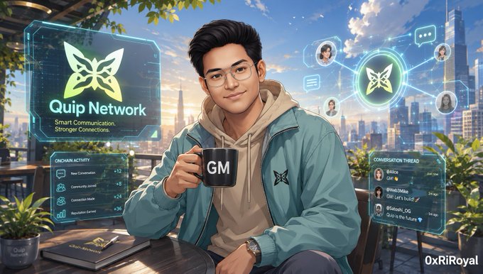 The image features a man sitting at a table with a cup of coffee, wearing glasses and a jacket. The background shows an illustration of a city skyline, indicating that they are in a cafe or similar urban setting. The caption for the image reads "good morning Quantum probably will not go mainstream through a breakthrough headline it will go mainstream the day procurement teams can buy it like infrastructure. That is why @quipnetwork feels early in the right way". This suggests that the man's presence and his coffee are connected to an emerging technology or trend, possibly related to Quantum computing or other futuristic advancements.