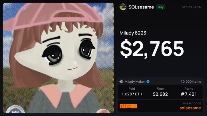 A screenshot of a digital marketplace listing for 'Milady 6223' NFT at $2,765, showing a cartoon-style character with large eyes, pink hair, and a pink cap, with details including paid 1.0287 ETH, floor $2,682, and rarity #7,421.