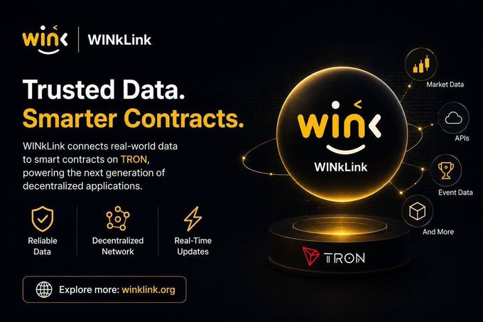 A promotional graphic for WInkLink on the TRON blockchain, advertising 'Trusted Data. Smarter Contracts.' with features including Reliable Data, Decentralized Network, and Real-Time Updates, directing viewers to winklink.org.