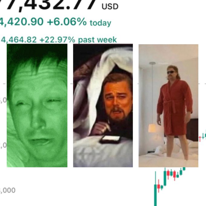 A stock chart showing gains of $7,432.77 USD (with +6.06% today and +22.97% past week) is overlaid with the popular "guy waking up in bed progression" meme, depicting a tired green-faced man, a groggy Leonardo DiCaprio, and the "big Lebowski" standing confidently in a robe, humorously representing the investor's mood improving dramatically as their portfolio surges.