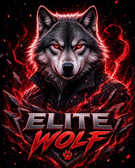 A dramatic digital illustration of a fierce wolf with glowing red eyes surrounded by red flames, with the text 'ELITE WOLF' emblazoned across the bottom along with a paw print.