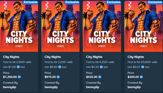 The image shows four "City Nights" challenges on Stake created by "bennytip," with varying bet sizes ($0.01, $0.20, $0.60, and $1.00) and corresponding prize payouts ranging from $200 to $1,250, directly matching the bet size and reward tiers mentioned in the promotional post.