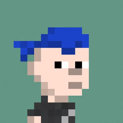 A pixel art style portrait of a character with blue hair on a green background.