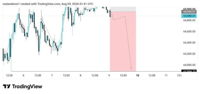 A TradingView chart of BTC/USD dated August 09, 2026, showing Bitcoin at $64,880.01 with a projected downward price path indicated by a dotted red line in a pink shaded forecast zone.