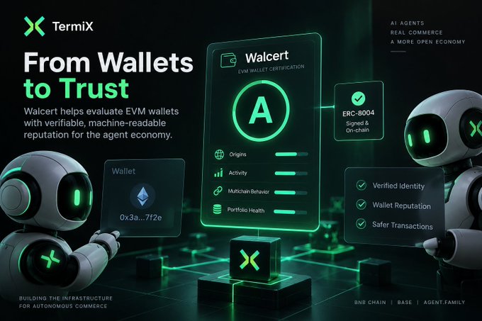 A promotional graphic for 'Termix' and 'Walcert' describing EVM wallet certification services, featuring AI agents and text like 'From Wallets to Trust' and 'ERC-8004 Signed & On-chain'.