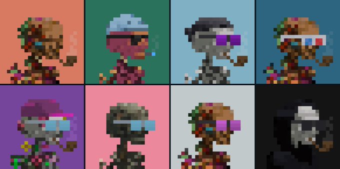 A pixel art collage showing eight skeletons wearing colorful caps and sunglasses smoking cigars on different colored backgrounds.