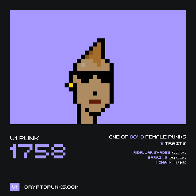 A pixel art CryptoPunk #1752 displayed on a purple background, showing a female character with a mohawk, earring, and regular shades. Text reads: 'V1 PUNK 1752', 'ONE OF 3840 FEMALE PUNKS', '3 TRAITS', 'REGULAR SHADES 5.27%', 'EARRING 24.53%', 'MOHAWK 4.41%', and 'CRYPTOPUNKS.COM'.