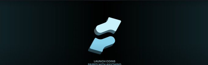 A minimalist graphic with a dark background showing two stylized shoe icons and the text 'LAUNCH COINS PAIRED WITH ANYTHING'.