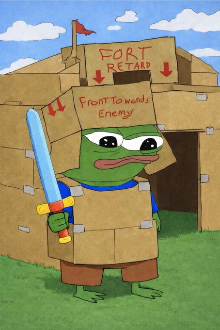 The image features a cartoon frog wearing a cardboard box as armor while holding a sword. The frog appears to be standing in front of a brown fort with a red flag. The caption below the illustration reads "FF - 5 More Wonderful Accounts To Follow @reisnertobias - @royal1dd - extremely smart + heartfelt lad who shares my taste in defi protocols - @celestineia".