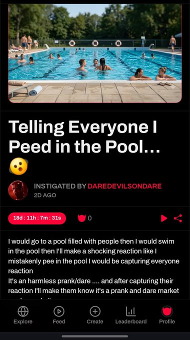 The screenshot shows a DareMarket app post titled "Telling Everyone I Peed in the Pool…" instigated by "DAREDEVILSONDARE," which offers a $4.20 payout to someone willing to falsely tell swimmers they urinated in a crowded pool. The image highlights the bizarre "side hustle" platform criticized in the caption, where users earn small crypto/USDC rewards for performing absurd public pranks.