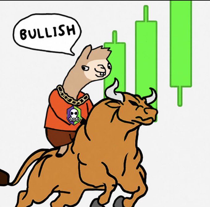 A cartoon character riding a brown bull declares 'BULLISH' in a speech bubble, with green rising candlestick chart bars in the background, referencing bullish market trends.