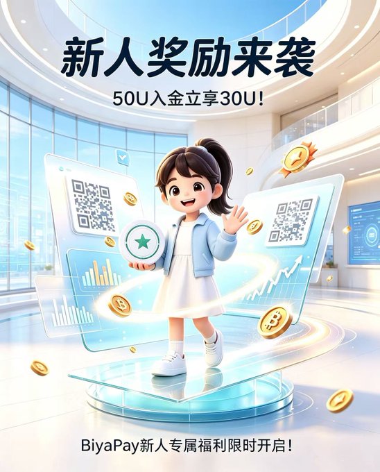 A promotional advertisement for BiyaPay featuring a cartoon girl holding a star medal with text '新人奖励来袭' (New User Reward Arrives), '50U入金立享30U!' (Deposit 50U, get 30U!), and 'BiyaPay新人专属福利限时开启!' (BiyaPay new user exclusive benefits, limited time opening).