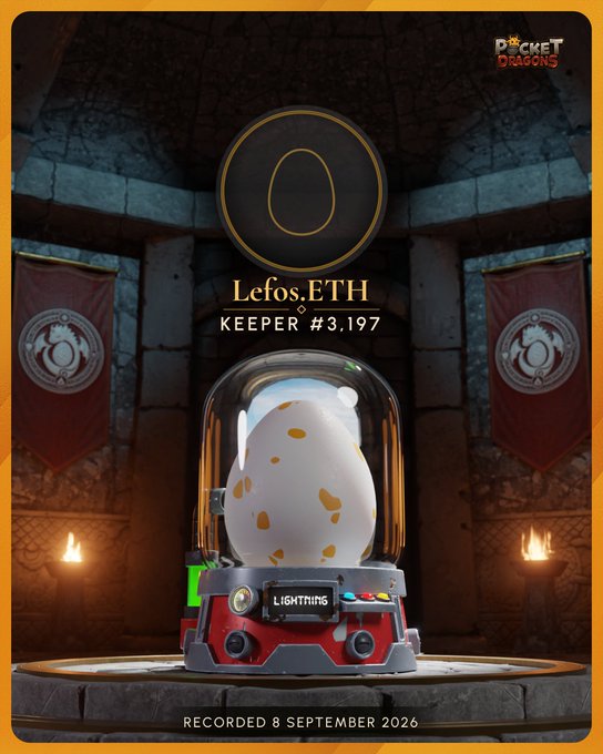 A Pocket Dragons collectible card showing 'Lefos.ETH, KEEPER #3,197' with a speckled egg in a containment jar labeled 'LIGHTNING', dated 'RECORDED 8 SEPTEMBER 2026'.