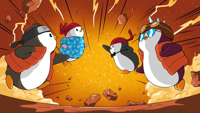 An animated illustration of four cartoon penguins wearing winter accessories like hats, scarves, and goggles, appearing to fly or float amid an explosive orange and yellow background with flying debris.