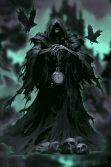 A dark, gothic illustration depicts a hooded grim reaper figure holding a pocket watch, surrounded by black birds, skulls, and a misty green castle in the background.