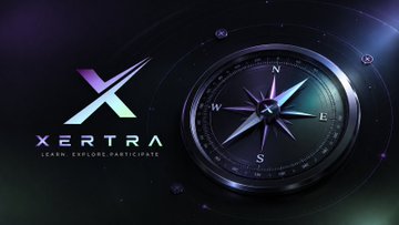 The image features a black compass with a blue center against a dark background. The compass is surrounded by purple and green elements that create an abstract design around it. Below the compass, there's text that reads "Xertra" followed by "Learn", "Explore", and "Participate". This suggests that the image might be related to the Xertra platform or its community, possibly discussing the platform's features, benefits, or how users can engage with it.