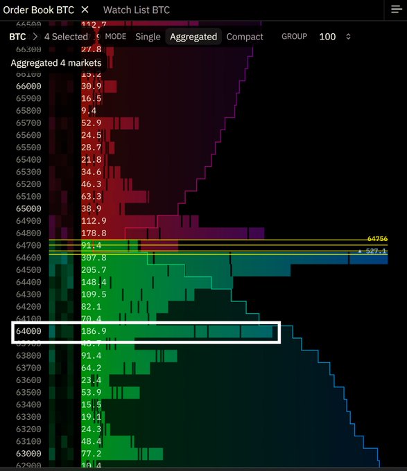 A Bitcoin order book chart showing aggregated bids and asks across 4 markets, with a notable bid of 186.9 BTC at $64,000 highlighted in a white box, and a last price of $64,756.