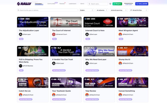 The Rally.io platform homepage displays 12 visible active campaigns in its "Active & Upcoming" section, with various reward tiers including USDC, RLP, and FUDS tokens, featuring notable projects like "The Adjudication Layer," "The Court of Internet," and "FUD is Shipping." This supports the post's claim of 21 live campaigns, illustrating the building momentum at Rally.io with diverse crypto rewards and community projects underway.