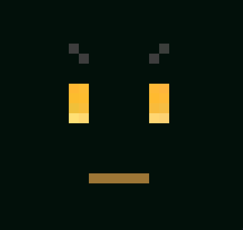 Pixel art representation of a face with two dark pixel eyes, vertical orange rectangular eyes, and a brown rectangular mouth on a black background.