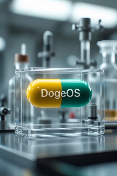 A 3D-rendered yellow and green capsule labeled 'DogeOS' is displayed inside a clear glass display case, set against a blurred laboratory background with various scientific equipment.