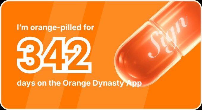 An orange promotional card reading 'I'm orange-pilled for 342 days on the Orange Dynasty App' next to an orange pill capsule labeled 'Sign'.