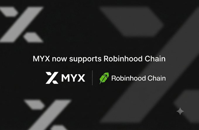 A dark promotional graphic with geometric shapes announces "MYX now supports Robinhood Chain," featuring the MYX and Robinhood Chain logos side by side. The image aligns with the post's announcement of MYX launching on Robinhood Chain, highlighting the platform's new support for permissionless perpetual futures trading.