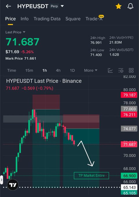 The image shows a screen of a trading app with various charts and information related to stock trading. The focus of this particular post says "$HYPE is starting to do exactly what I was expecting. I'm not telling anyone to enter this trade, but my short thesis still looks valid. Price got rejected from the upper zone, buyers are losing momentum, and the chart is starting to look weak again." The screen shows a chart related to cryptocurrency prices, specifically Hypervolume's $HYPE currency price. As the chart updates, it indicates that the trading app is updating its trading strategies based on the new information.