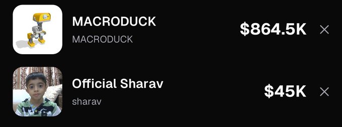 The image displays a comparison between two tokens: MACRODUCK at $864.5K and Official Sharav at $45K, illustrating the post's narrative about the disparity in their market caps despite the kid behind Sharav being more popular and well-connected with top founders.