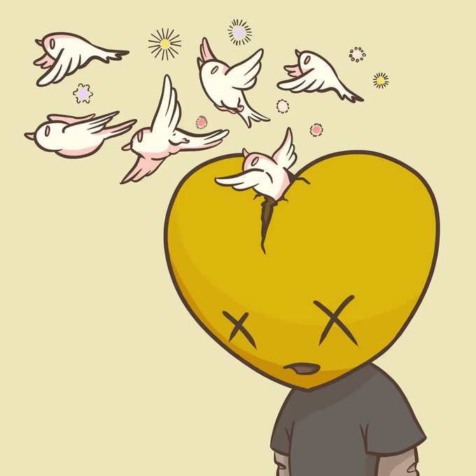 The image depicts a figure with a yellow heart-shaped head marked by X's for eyes, from which small pink doves and birds are flying out of a crack at the top, symbolizing the release of love or spirits. This visually captures the melancholic, vulnerable emotion associated with the "Less Than Three Thursday" NFT community, whose name references the ASCII emoticon "<3" (a heart) but with an ironic twist suggesting heartbreak or loss.
