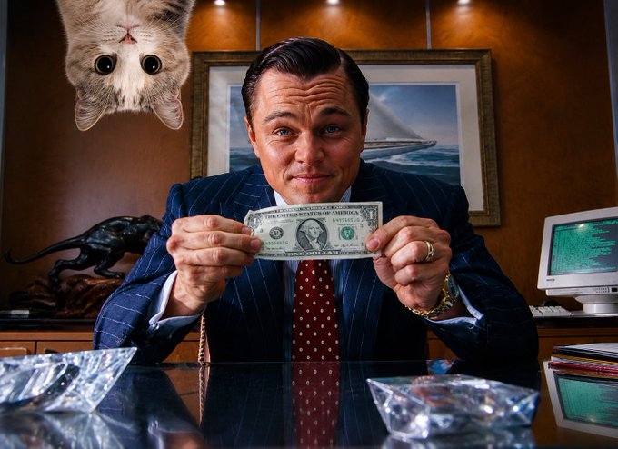 urn of gold coins, a cat with wide eyes, and a man in a suit hold the scene at an office desk.